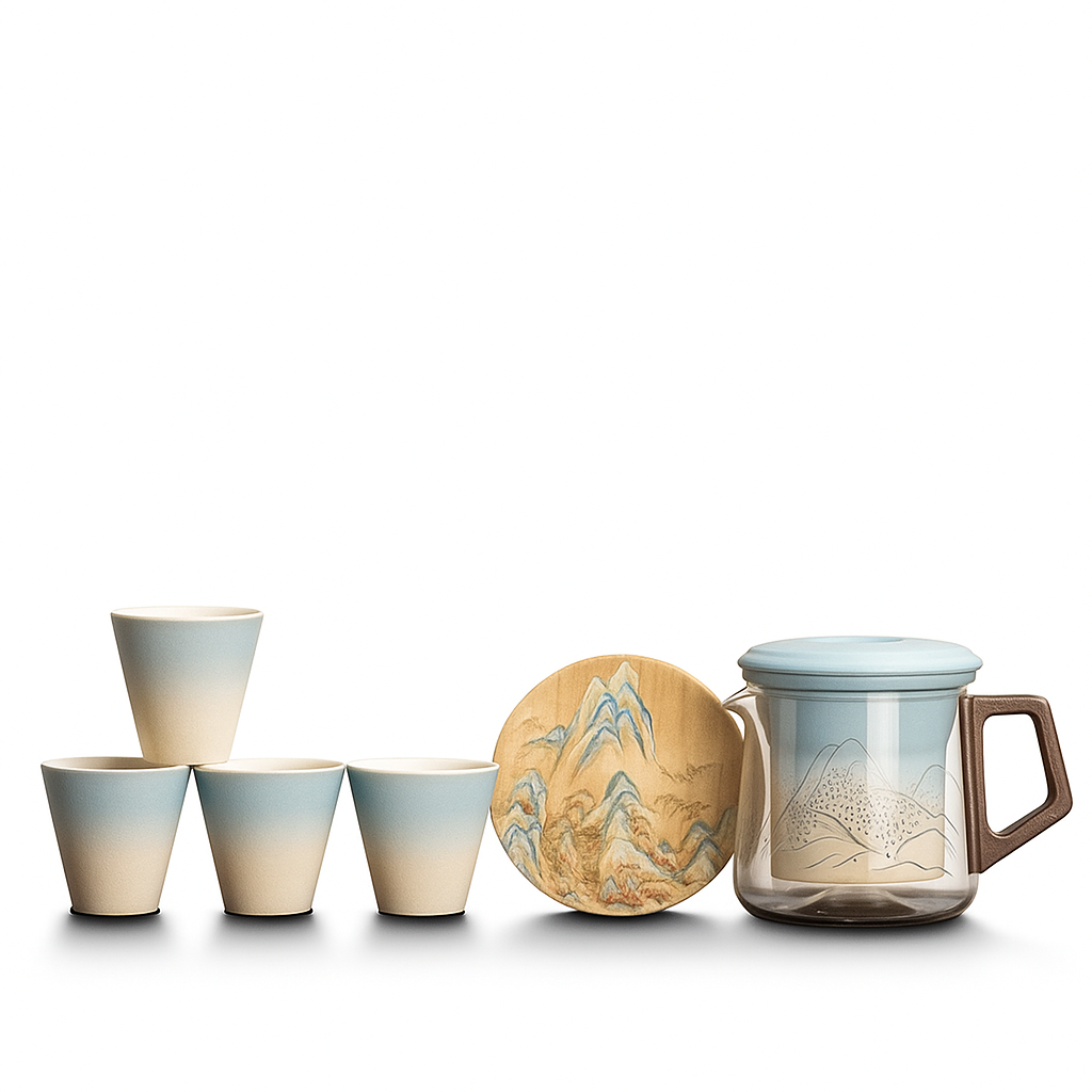 Rivers & Mountains Gongfu Tea Set – Glass Teapot & 4 Ceramic Cups