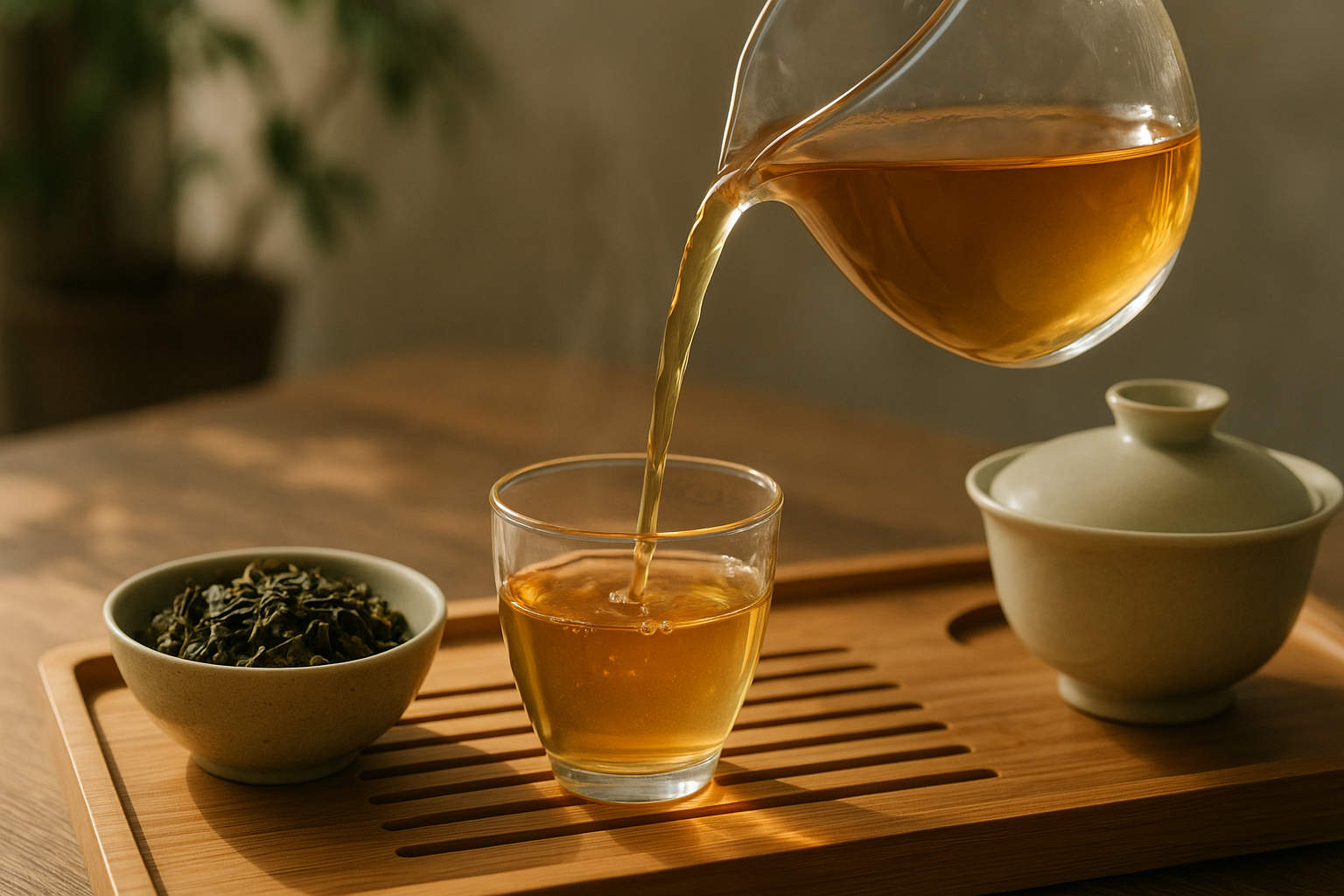 Ceramic tea set with glass teapot pouring tea, loose leaf tea, and gaiwan on wooden tray
