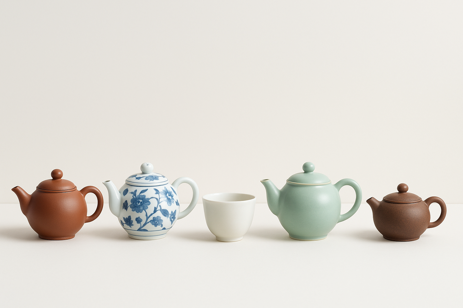 Assorted ceramic and Chinese teapots with a white teacup on a neutral background, Mybrewset