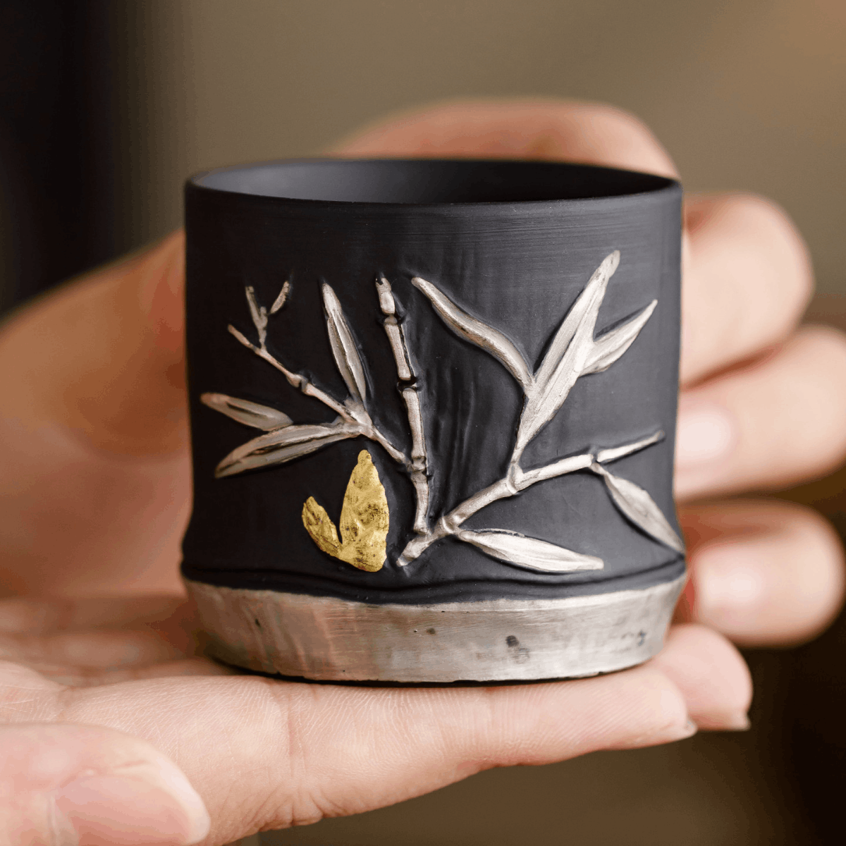Obsidian Silver Zisha – Bamboo Relief Teacup