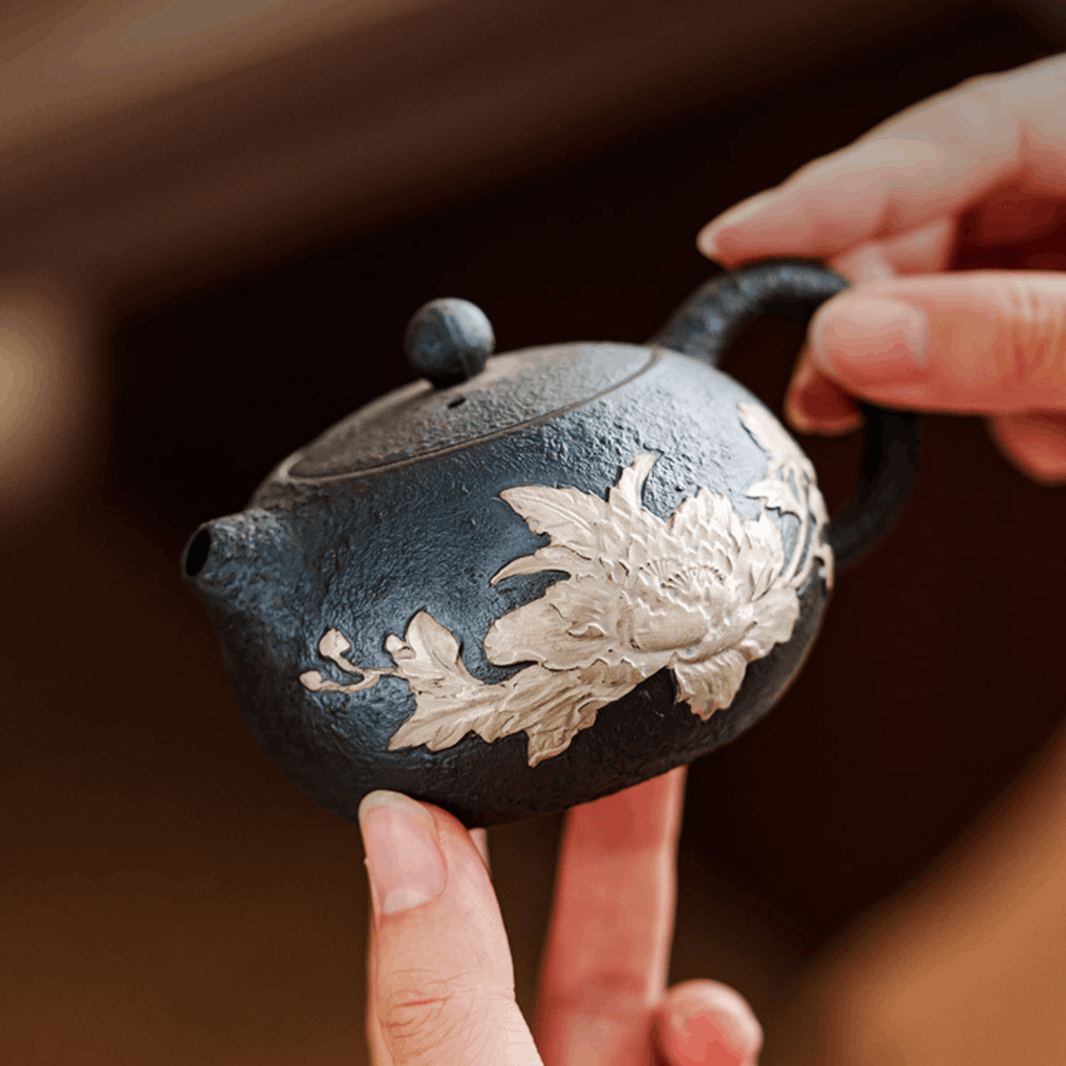 Obsidian Silver Zisha – Peony Xishi Teapot