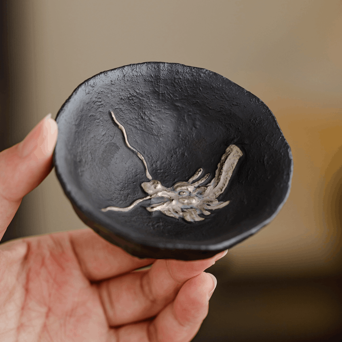 Obsidian Silver Zisha – Coiled Dragon Tea Bowl Cup