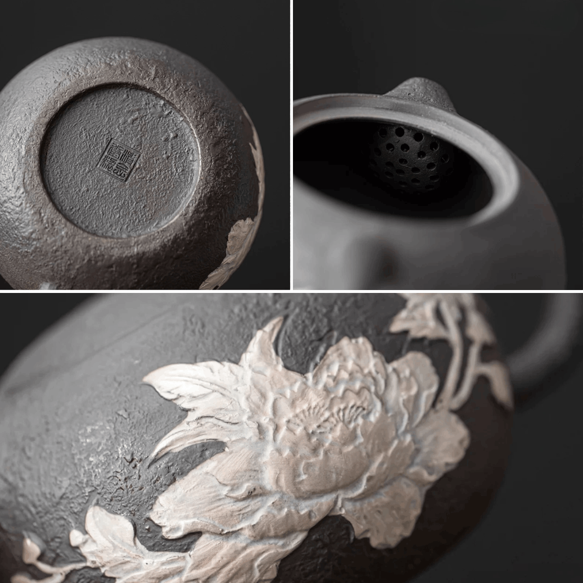 Obsidian Silver Zisha – Peony Xishi Teapot