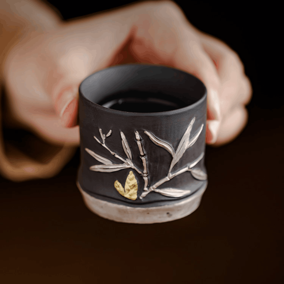 Obsidian Silver Zisha – Bamboo Relief Teacup