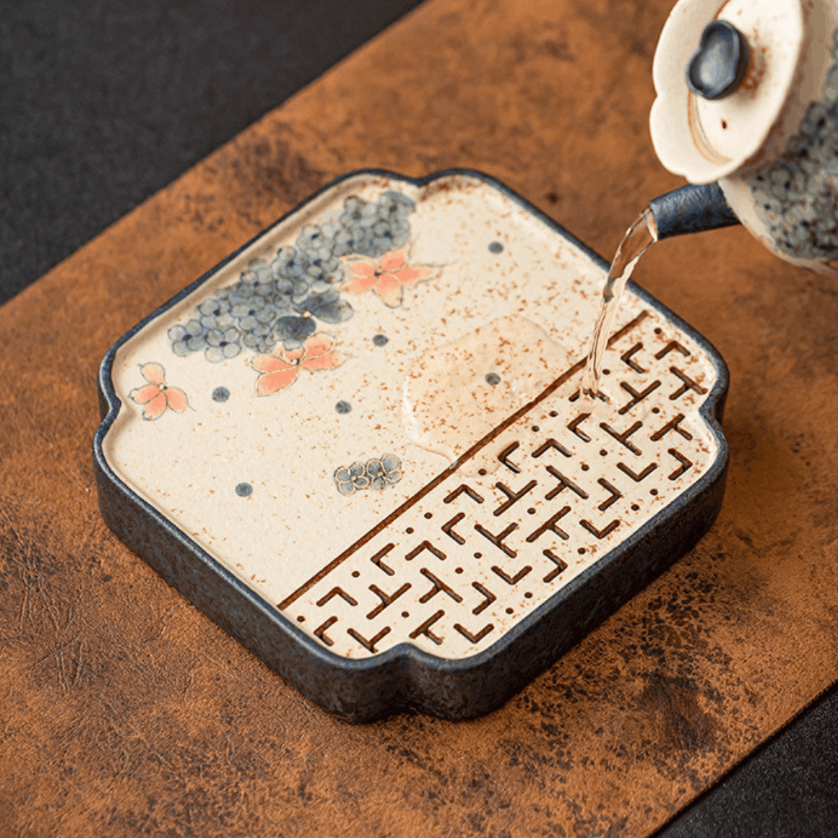 Golden Hydrangea — Square Ceramic Teapot Stand
