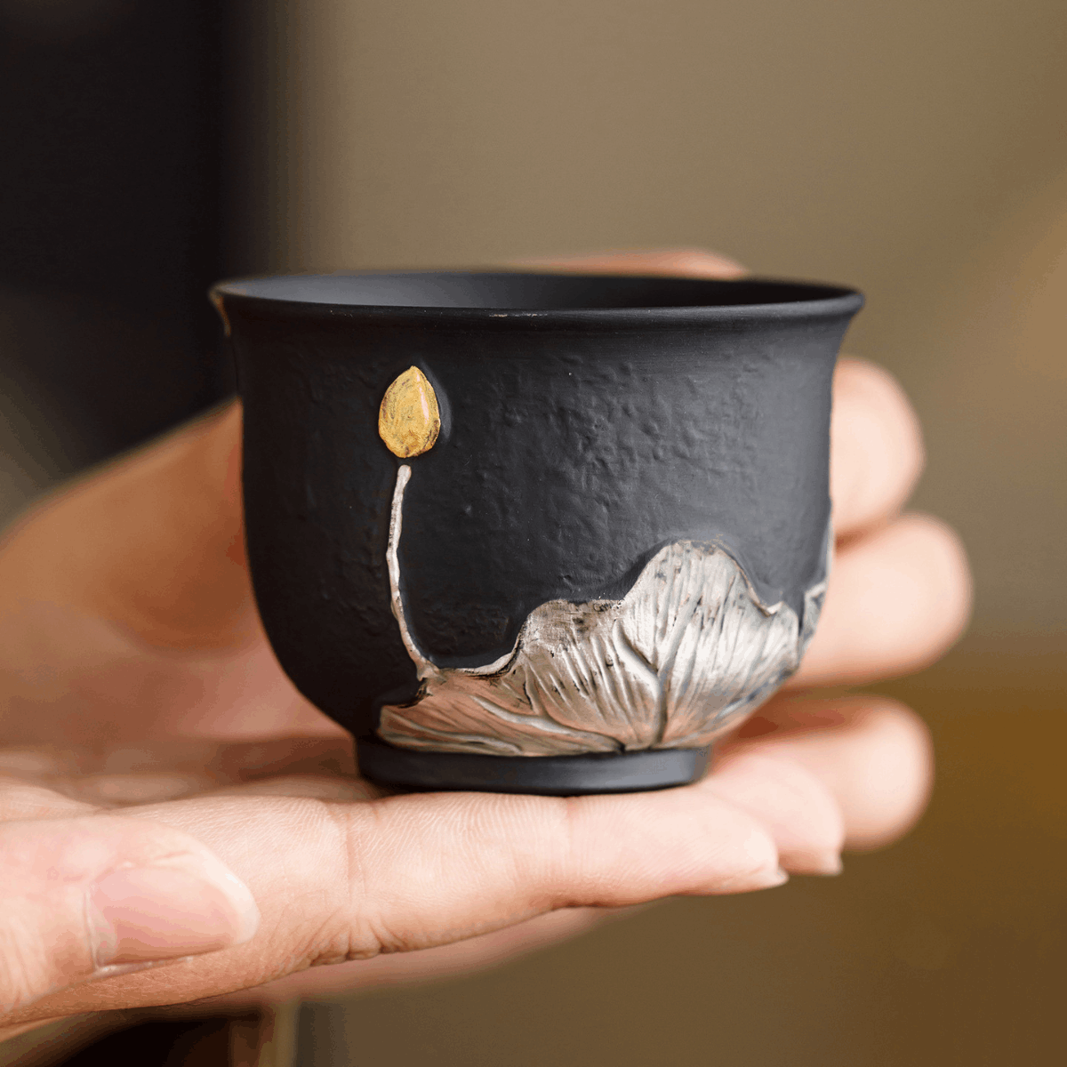 Obsidian Silver Zisha – Auspicious Lotus Teacup