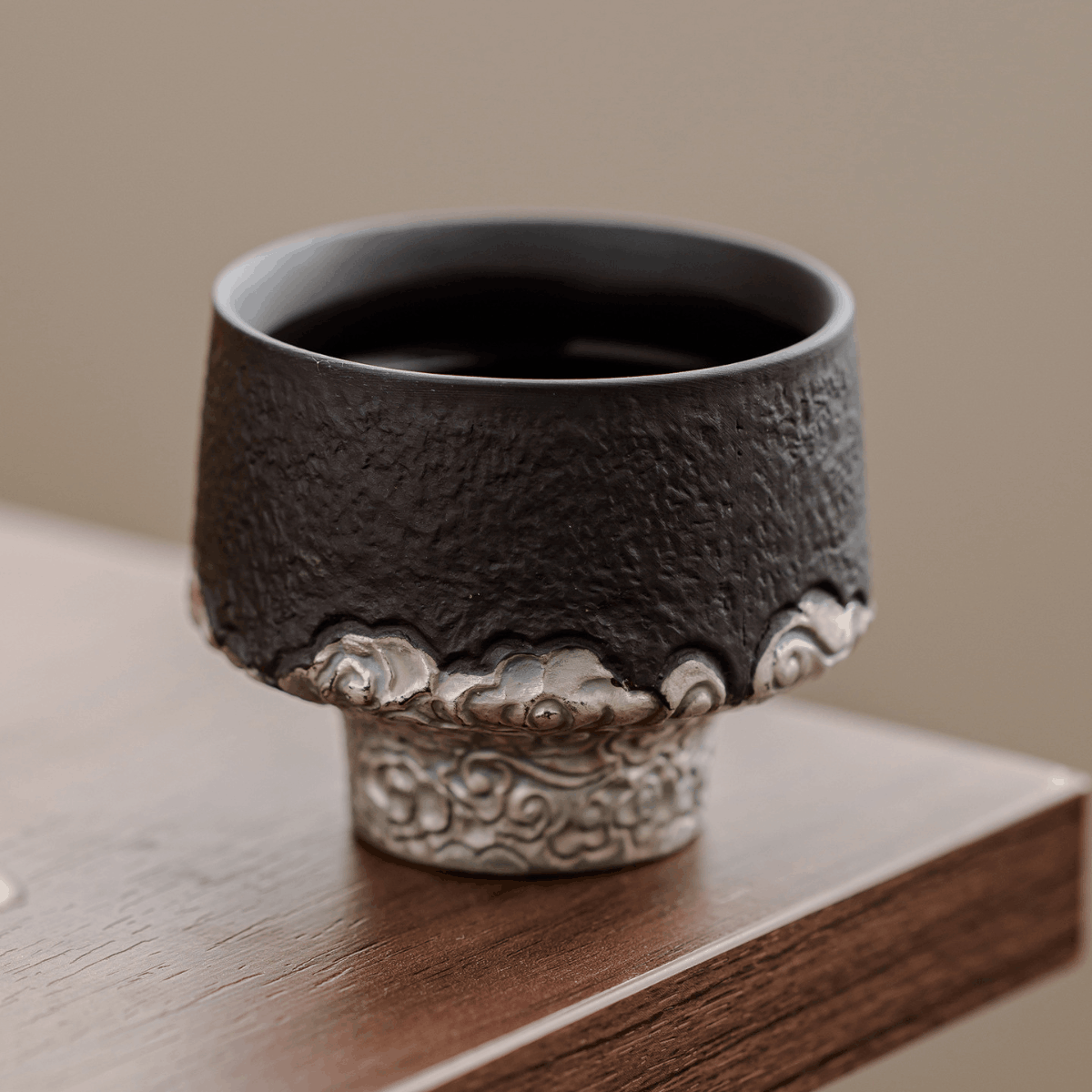 Obsidian Silver Zisha – Auspicious Cloud Stem Teacup