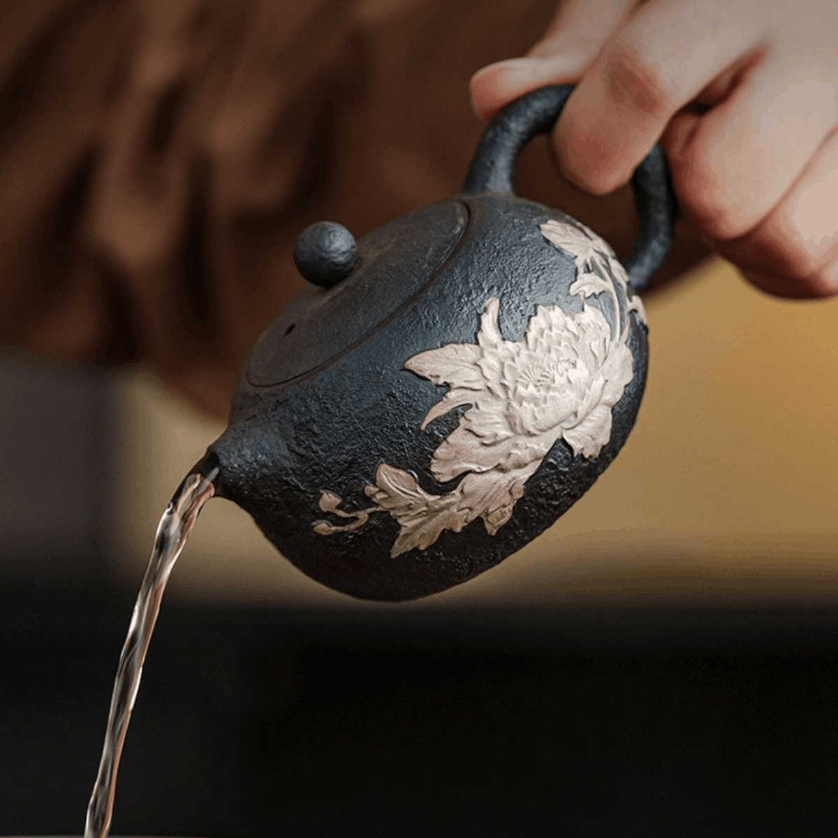 Obsidian Silver Zisha – Peony Xishi Teapot