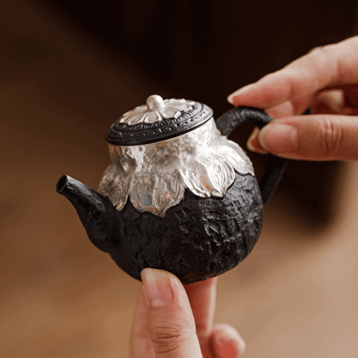 Obsidian Silver Zisha – Lotus Listening Teapot