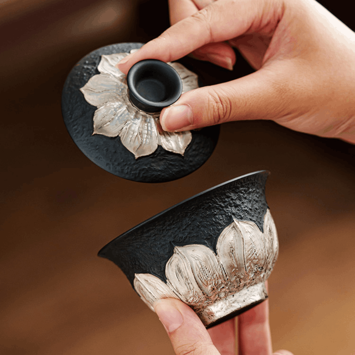 Obsidian Silver Zisha – Lotus Gaiwan Set