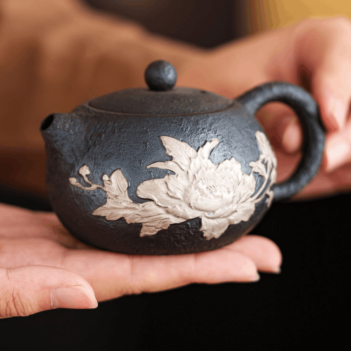 Obsidian Silver Zisha – Peony Xishi Teapot