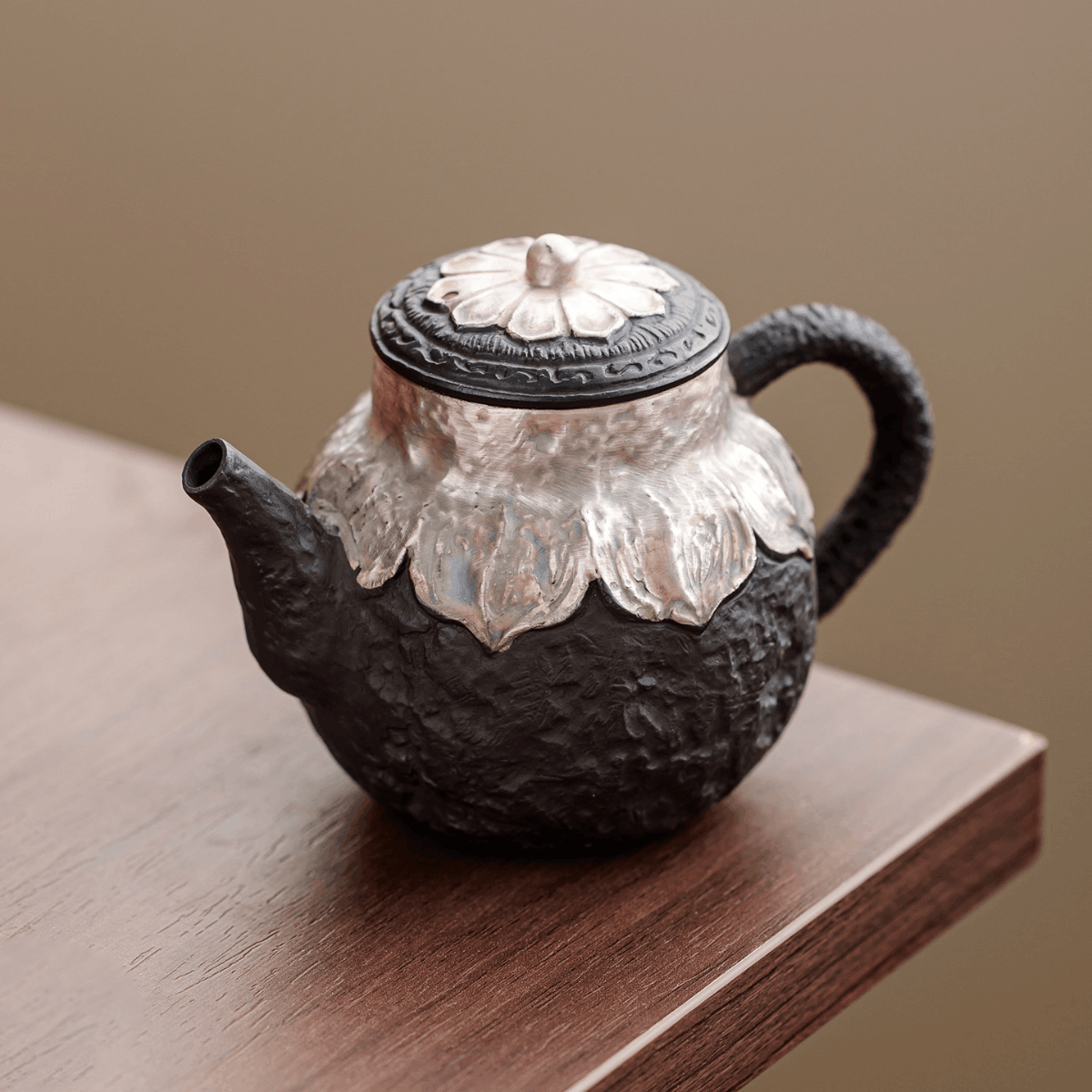 Obsidian Silver Zisha – Lotus Listening Teapot