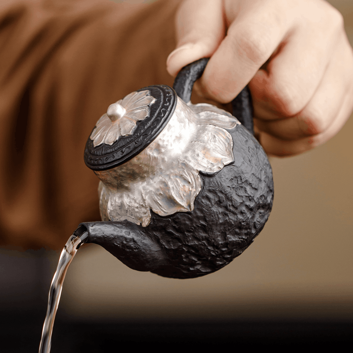 Obsidian Silver Zisha – Lotus Listening Teapot