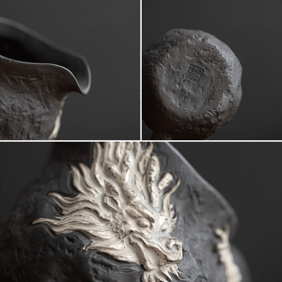 Collage of a dark ceramic vase with dragon design and brand logo on a black background