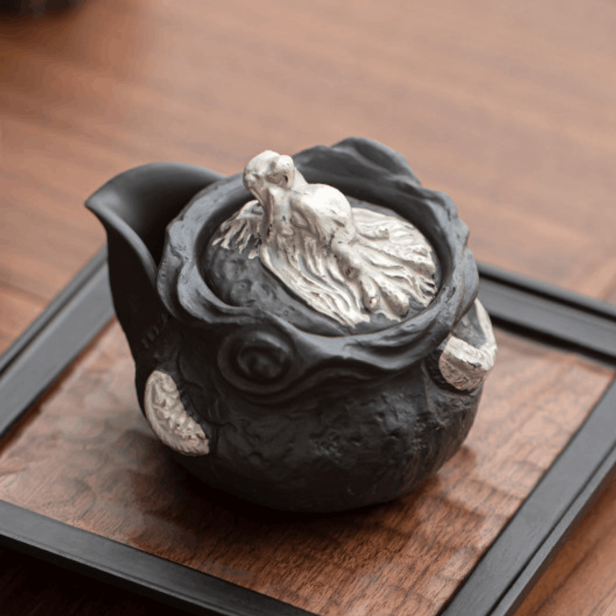 Obsidian Silver Zisha – Coiled Dragon Handgrip Teapot