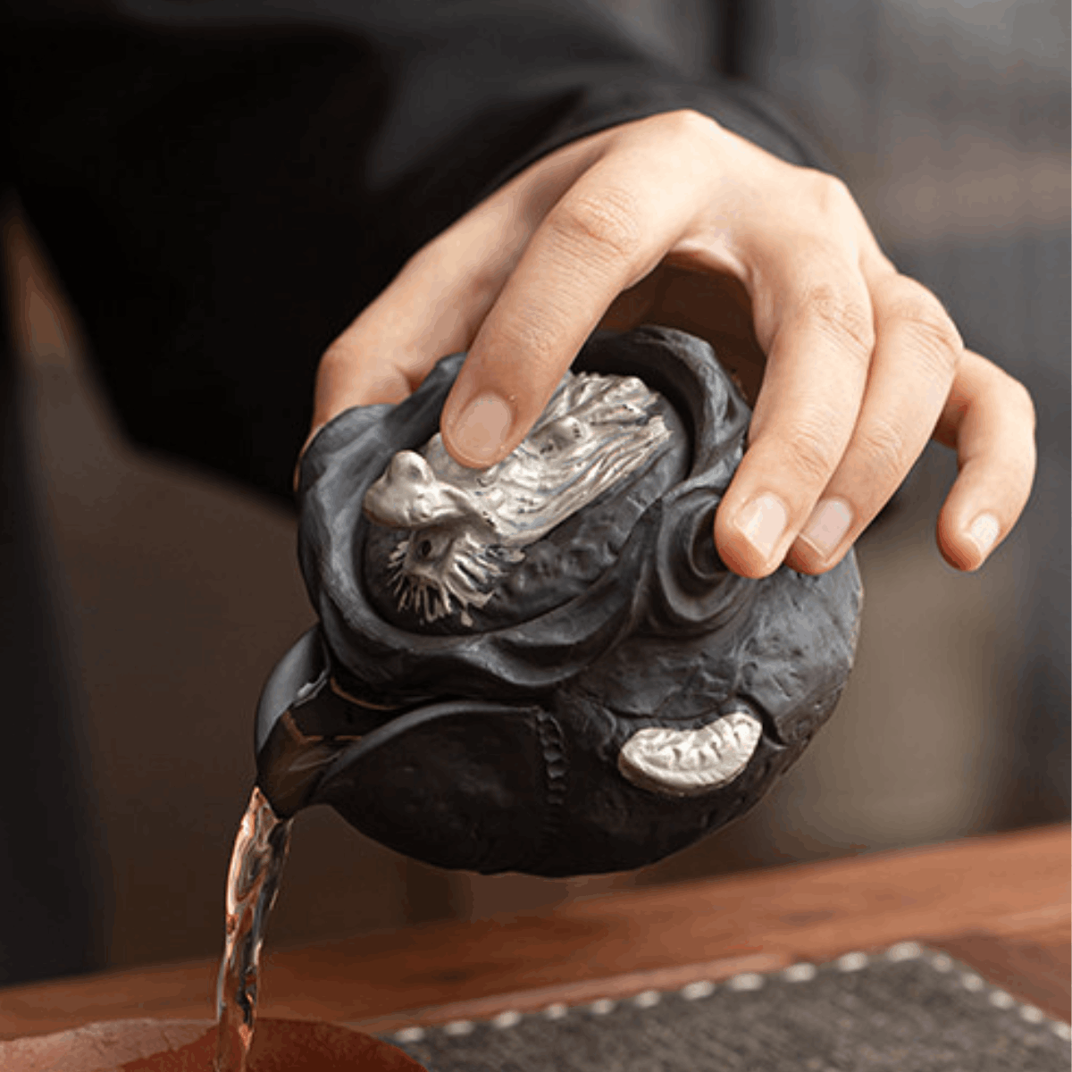 Obsidian Silver Zisha – Coiled Dragon Handgrip Teapot